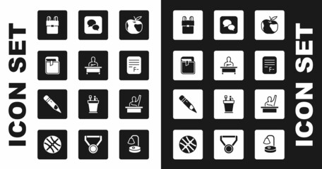 Set Apple, Schoolboy sitting at desk, Book, backpack, Exam paper with incorrect answers, Speech bubble chat, Male kid raising hand and Pencil eraser icon. Vector