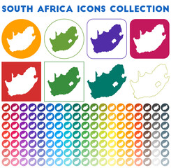 South Africa icons collection. Bright colourful trendy map icons. Modern South Africa badge with country map. Vector illustration.