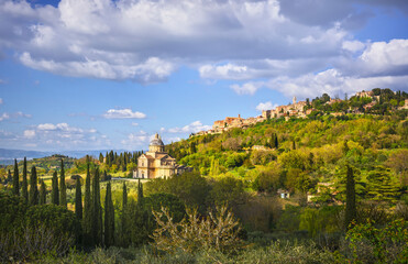 San Biagio church and Montepulciano village. Siena, Tuscany Italy