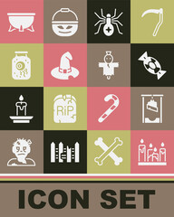 Set Burning candle, Guillotine, Candy, Spider, Witch hat, Eye jar, Halloween witch cauldron and Scarecrow icon. Vector