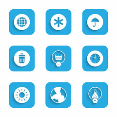 Set Delicate wash, Worldwide, Test tube and flask, Clock, Sun, Trash can, Delivery package with umbrella and Social network icon. Vector