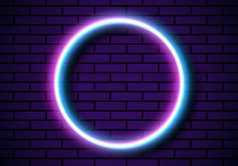 Neon frame with circle shape on the blue brick wall. Classic round 80s styled purple shiny glowing neon sign.