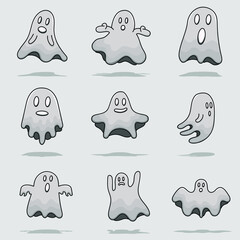 Set of ghost halloween isolated illustration cartoon vector with outline and shadow. can use for mascot, icon, sign, symbol, element graphic for halloween poster, website design