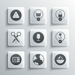 Set Worldwide, Carton cardboard box, Industrial hook, Fragile broken glass, Microwave oven, Scissors with cut line, Exclamation mark triangle and Lactose free icon. Vector