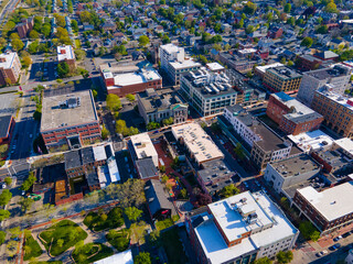 Aerial view of New Bedford downtown buildings on Union Street and Purchase Street in historic New Bedford, Massachusetts MA, USA. 