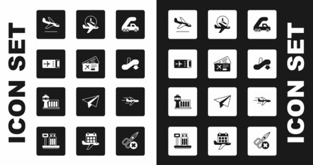Set Passenger ladder for plane boarding, Airline ticket, Plane landing, Escalator down, Flight time, and Airport control tower icon. Vector