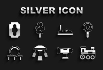 Set Attraction carousel, Lollipop, Toy train, Swing plane, Roller coaster, Bumper, Circus ticket and Cotton candy icon. Vector