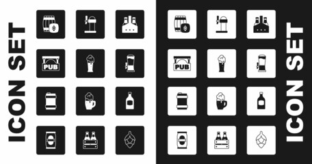 Set Pack of beer bottles, Glass, Street signboard with Pub, Wooden barrel, Beer tap, Dispenser, and Metal keg icon. Vector