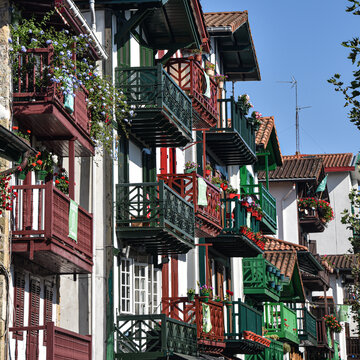 Hondarribia, Spain - 29 Aug 2021: Traditional Basque houses in the old fishermans area of Hondarribia, Spain