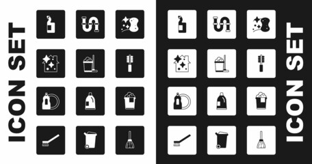 Set Sponge, Mop and bucket, Home cleaning service, Dishwashing liquid bottle, Toilet brush, Industry metallic pipe, Bucket with foam and icon. Vector