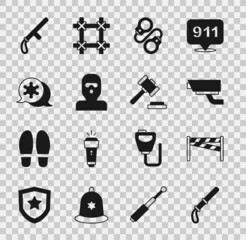 Set Police rubber baton, Crime scene, Security camera, Handcuffs, Thief mask, Hexagram sheriff, and Judge gavel icon. Vector