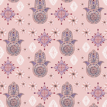 hamsa hand seamless pattern, with watercolor flowers and ornaments, amulet, protection