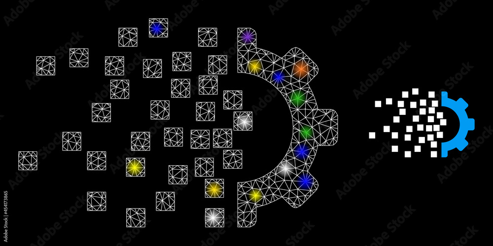 Poster glossy mesh gear assembling constellation icon with light spots. illuminated vector constellation ba