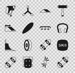Set Skateboard, Headphones, park, Longboard or skateboard, helmet and stairs with rail icon. Vector