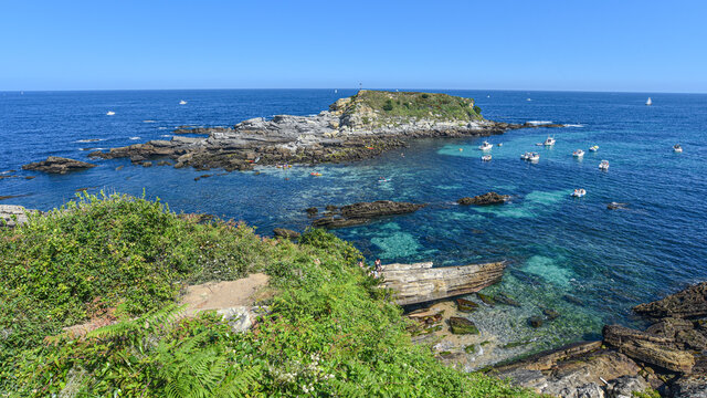 Turqoise waters around Amuitz Irla island and Cape Higuer, Hondarribia, Basque Country, Spain