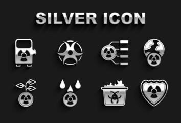 Set Acid rain and radioactive cloud, Planet earth radiation, Radioactive shield, Infectious waste, Electric car charging station and Biohazard symbol icon. Vector