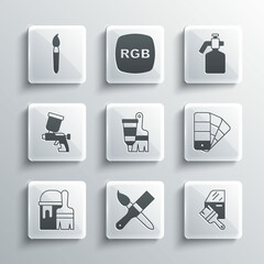 Set Paint brush, Car painting, Color palette guide, Tube with and, bucket, spray gun, and icon. Vector