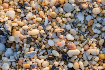 Naklejka premium Colorful pebbles dot the landscape on a beautiful Cape May Beach at dusk