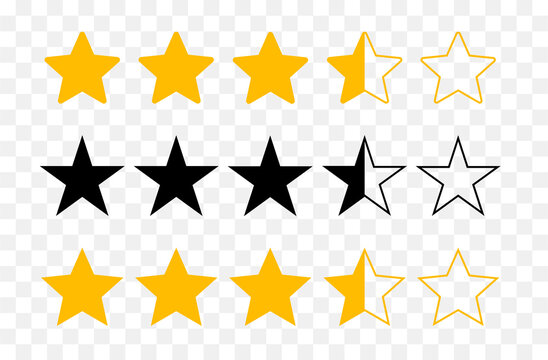 Star icon. Five stars rating icon vector. Yellow and black five stars isolated on transparent background.