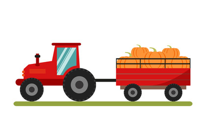 Tractor with trailer. Harvest Truck with Pumpkin. Autumn harvest of pumpkins. Vector graphics