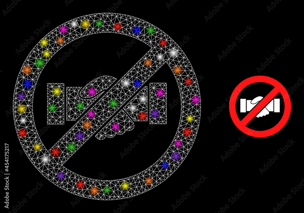 Poster glowing mesh stop handshake glare icon with lightspots. illuminated vector constellation based on st