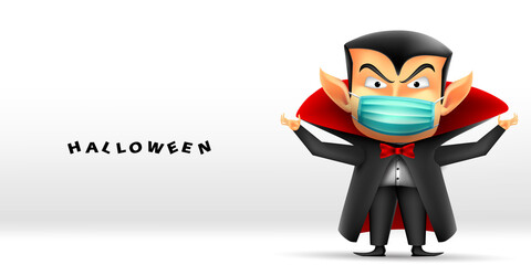 Happy Halloween greeting card design. Vampire dracula wearing face mask protecting from coronavirus or COVID-19