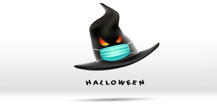 Happy Halloween greeting card design. Witch hat wearing face mask protecting from coronavirus or COVID-19