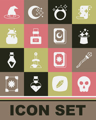 Set Skull, Magic staff, hat, stone ring, Bottle with potion, Witch cauldron, and Tarot cards icon. Vector