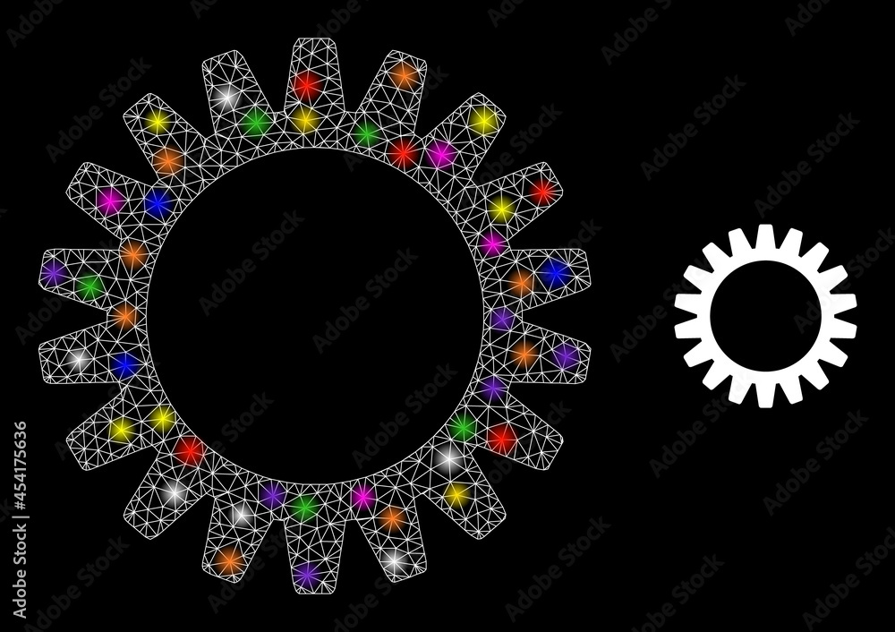 Poster glowing mesh gearwheel constellation icon with lightspots. illuminated vector model based on gearwhe