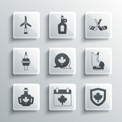 Set Canada day with maple leaf, flag on shield, Skates, Canadian, Bottle of syrup, TV CN Tower in Toronto, Wind turbine and Ice hockey sticks icon. Vector