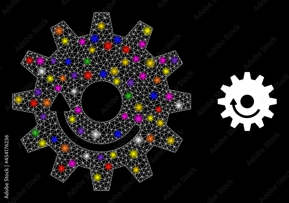 Poster flare network gear wheel rotation constellation icon with light spots. illuminated vector model base