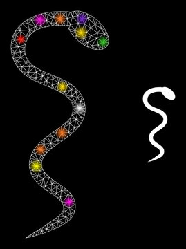 Glossy mesh snake constellation icon with lightspots. Illuminated vector model based on snake picture. Sparkle frame mesh snake on a black background. Wire frame flat mesh in vector format.