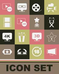 Set Megaphone, Walk of fame star, Director movie chair, Film reel, Screen tv with 4k, Play video, Hd movie, tape, frame and Movie trophy icon. Vector