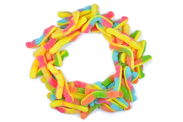 Assorted juicy colorful gummy candies. Top view. Candy background.