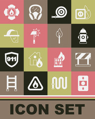 Set Fire alarm system, Road barrier, hydrant, hose reel, Firefighter axe, helmet, and Burning match with fire icon. Vector