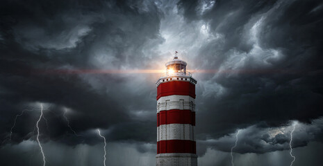 View on typhoon, hurricane, tornado, lighthouse and rain sky. Panoramic view of the stormy sky,...