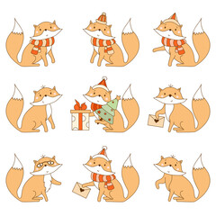 Collection of red foxes. Cute animal in a scarf and Santa hat with a Christmas tree, with a letter and a gift and glasses. Vector illustration for kids collection, print, design and decor, postcards