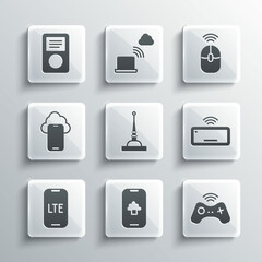 Set Cloud technology data, Wireless gamepad, Computer keyboard, Antenna, LTE network, Music player and computer mouse icon. Vector