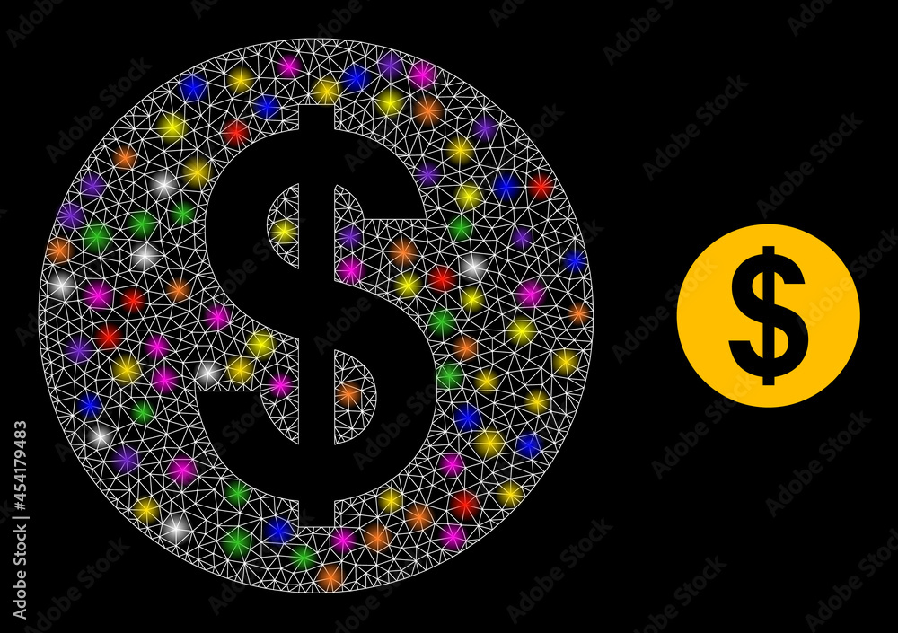 Poster glossy mesh dollar coin constellation icon with lightspots. illuminated vector constellation is crea