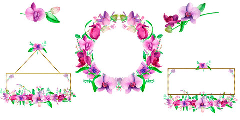  Watercolor gold frame. An orchid wreath of hand-painted lavender leaves and orchid flowers .Lavender purple wedding design.Cute insects on the leaves.Suitable for the design.