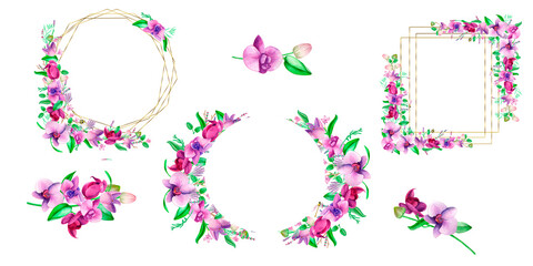  Watercolor gold frame. An orchid wreath of hand-painted lavender leaves and orchid flowers .Lavender purple wedding design.Cute insects on the leaves.Suitable for the design.