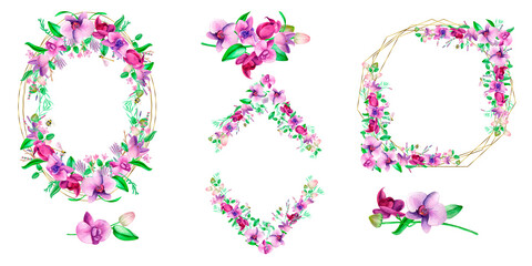 Watercolor gold frame. An orchid wreath of hand-painted lavender leaves and orchid flowers .Lavender purple wedding design.Cute insects on the leaves.Suitable for the design.