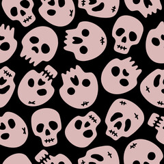 Hand drawn seamless vector pattern with skulls. Spooky background for Halloween party, autumn holidays and decorative design. Festive repeatable backdrop, flat style. Vector illustration