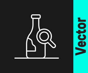 White line Bottle of wine icon isolated on black background. Details about wine. Vector