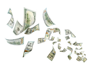 Many American dollars on white background. Flying money