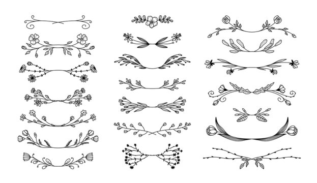 Floral dividers collection, hand drawn border lines with leaves and flowers. Vector vintage decorative elements for books, greeting cards, invitations, web
