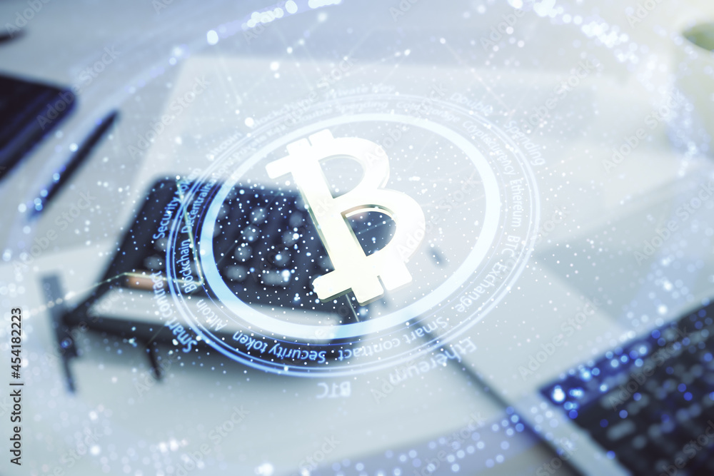 Poster virtual bitcoin sketch on blurry calculator and computer background. double exposure