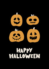 Hand drawn vector Halloween greeting card with funny and spooky pumpkin. Happy Halloween poster for holidays and decorative design. Trick or treat cartoon composition. Festive flat vector illustration