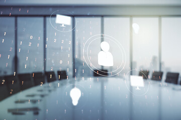 Abstract virtual social network concept on a modern conference room background. Multiexposure