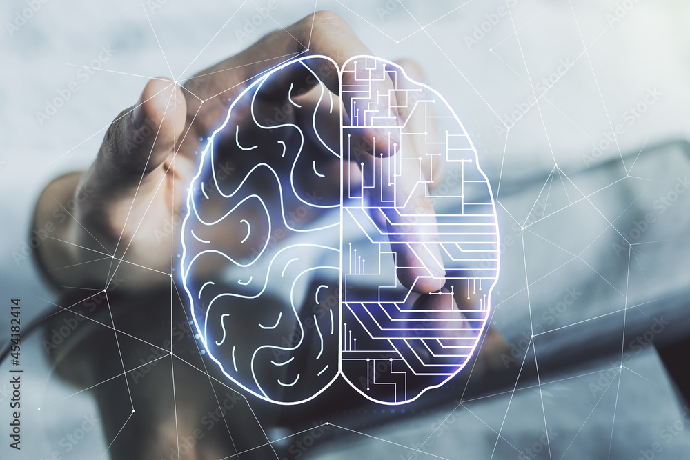 Aufkleber creative artificial intelligence concept with human brain hologram and finger clicks on a digital ta